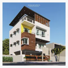 The Vishal residence in Bangalore, featuring a mix of materials including wood-look cladding and a pop of yellow. The design incorporates cantilevered balconies and varied window shades to create a dynamic and modern exterior.