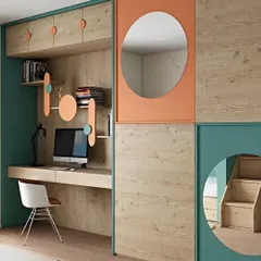 A playful and practical design for a kid's room, this image shows a custom modular unit combining a study desk with a wardrobe. The use of light wood, teal, and orange, along with circular mirrors, creates a fun and stimulating environment.