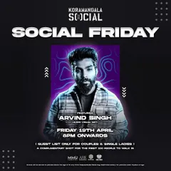 The poster for Social Friday at Koramangala Social. We offer a complimentary shot for the first 100 people to walk in, adding extra value for our guests.