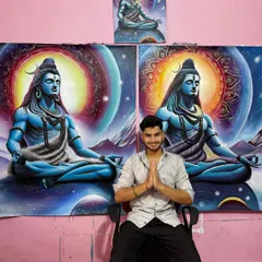 Here I am with two commissioned Mahadev paintings, one large and one small. It is an honor to create these pieces for fellow devotees. Om Namah Shivay.