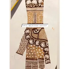 This is a design sketch for a bridal hand, featuring a mix of lotus, peacock, and geometric patterns. We can plan your entire mehendi design on paper before applying it.