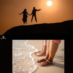 A collage from a beachside shoot, featuring a joyful jump against the sunset and a close-up of their feet in the sand. We capture both the fun and the serene moments.