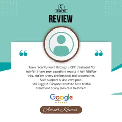 A happy client, Aayush Kumar, shared his positive experience on Google after his GFC treatment for hair fall. He highlights the professional and cooperative nature of our team, which is something we take great pride in.