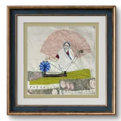 My finished thread painting of Kasturba Gandhi, framed and ready to be displayed. This piece combines fabric collage, painting, and hand embroidery to create a textured portrait.