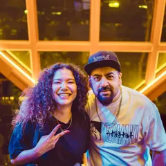 Posing with the talented percussionist Deep at ICB. Our 'untamed duo' sets combine DJ beats with the raw energy of live percussion.