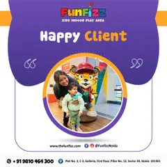 Making new friends at the party. A happy client and her little one pose with our life-sized tiger mascot, a favorite photo opportunity for kids and parents alike.