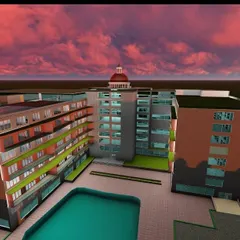 An aerial view of the hotel design, showcasing the U-shaped building that encloses a private pool and courtyard area. This layout maximizes views for guests and creates a central recreational hub.