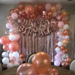 This is a full balloon arch decoration for a birthday party. I used a mix of rose gold, pink, and white balloons, including some with confetti inside, to create a beautiful photo backdrop behind the main table.