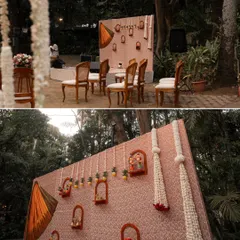 For this unique band backdrop, we started with a beautiful saree and layered it over repurposed brocade fabric. We then added DIY wooden frames holding Channapatna crafts and hand-painted pickle jars for a vibrant blend of old and new.