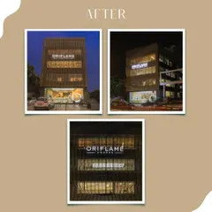 The transformed Oriflame office building in South Delhi at night. The new lightweight aluminum facade is illuminated, showcasing the brand and creating a sleek, contemporary look.