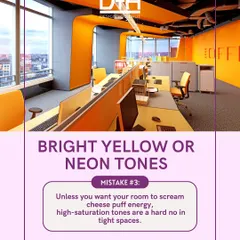 This is an example of using color strategically in an office environment. While bright neon can be overwhelming, a well-placed, high-energy color like this yellow creates dynamic zones for collaboration and creativity without shrinking the space. It's about being bold, not just loud.