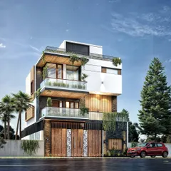 This 30'x40' G+3 elevation design showcases a beautiful balance of wood, stone, and white textures, enhanced by vertical gardens and intricate gate details.