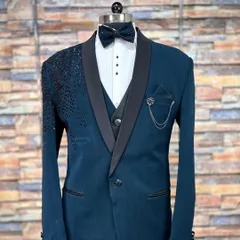 A complete look for the modern man. This five-piece Indo-Western suit in a sharp teal blue is perfect for a reception or engagement party. The rental includes the embellished jacket, waistcoat, shirt, trousers, and a matching bow tie.
