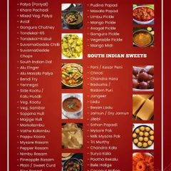 Explore our diverse offerings of South Indian main courses, side dishes (palyas), and traditional sweets. From Avial and Veg Kootu to Mysore Pak and Jalebi, we have something to satisfy every taste.