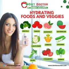 Staying hydrated isn't just about drinking water. This graphic showcases hydrating foods and vegetables like cucumber, watermelon, and spinach that can contribute to your daily fluid intake and provide essential nutrients.