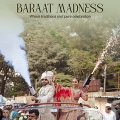 A baraat should be an explosion of joy. I love orchestrating high-energy processions, like this one where the couple made a grand entrance in a vintage car, complete with celebratory smoke guns that set the tone for an unforgettable party.