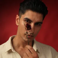 A creative and romantic portrait using a dried rose as a prop. The red background and soft lighting create a thoughtful and emotional mood.