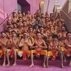 Our choreographer with the talented artists who performed as the 'vanar sena' in "Humare Ram." Training a large cast for a mythological act requires precision, energy, and teamwork.