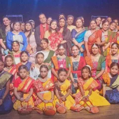 A proud moment with our talented students and dedicated gurus after a successful Rabindra Jayanti stage performance. This photo captures the scale of our community and the collective joy of celebrating art.