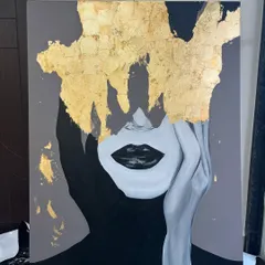 A bold and glamorous portrait where the hair is rendered in shimmering gold leaf. This piece combines figurative painting with abstract texture for a truly unique result.