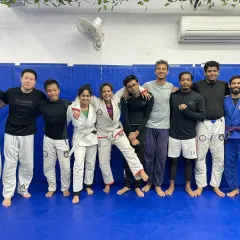 All smiles after a great roll. This is the feeling of accomplishment and camaraderie that we share at the end of every BJJ masterclass.