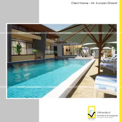 The serene swimming pool area at Gharat Farm Stay. The design focuses on creating a resort-like feel with ample deck space for lounging, all while surrounded by the natural beauty of the Pali hills.