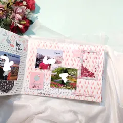 This page from the anniversary album includes a fun shaker window filled with heart sequins and space for photos from their travels. It’s a beautiful way to remember shared adventures.