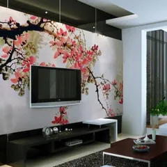 A classic and elegant wallpaper featuring pink cherry blossoms on a branch. This timeless design brings a touch of nature's beauty indoors and is perfect for a living room or bedroom.