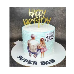 A "Super Dad" cake for a father's birthday. This is a roasted almond chocolate cake, decorated with a touching illustration of a father and daughter.