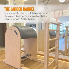 The Ladder Barrel is a versatile piece of Pilates apparatus designed to improve spinal mobility, core strength, and flexibility. Its curved surface is perfect for extensions, side bends, and rotations.