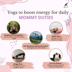 Feeling tired is a constant part of being a mom. I have put together a few simple yoga asanas to help you boost your energy for daily mommy duties. These poses, like Cat-Cow for back tension and Pranayama for stress relief, are easy to do at home and help restore your vitality.