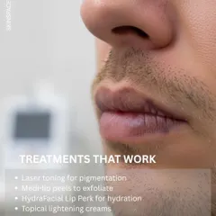 We offer treatments that actually work for lip lightening. Our approach includes laser toning to target pigment, medi-lip peels for exfoliation, and topical creams to continue the improvement at home.