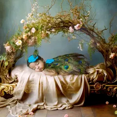 This is one of my most creative setups. A sleeping newborn is dressed as a peacock, resting on a golden bed under a canopy of branches.