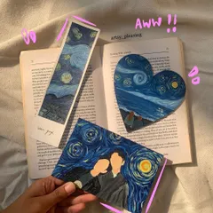 A collection of my Starry Night custom orders, including a heart-shaped canvas and a bookmark. I can adapt the iconic style to any surface or photo.