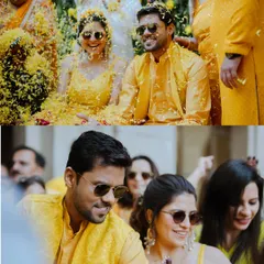 A shower of golden marigolds for the happy couple. This shot from a Kanpur Haldi ceremony shows the energy and fun that friends and family bring to the celebration.