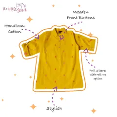 This graphic breaks down the features of one of my handloom cotton kurtas. From the wooden front buttons to the roll-up sleeves, every detail is designed for style and comfort.