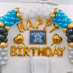 A special birthday balloon setup for the Maharashtra Police, featuring a custom arch and gold foil letters. We can create personalized decorations for government departments and institutions.