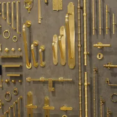 A view of our product display wall at IndiaWood 2025. This "wall of brass" showcases the sheer variety of our collections, from heritage-inspired door handles to minimalist cabinet pulls, all in our signature solid brass.