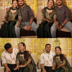 A collage showing the bride's interactions during her Mehendi. From laughing with her partner to sharing a moment with her brother, these photos document the different relationships and emotions that fill the room.