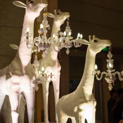 For a sangeet with a touch of whimsical luxury, I created this tropical theme featuring life-sized giraffes holding elegant crystal chandeliers. It’s these unique, imaginative details that make an event truly stand out.