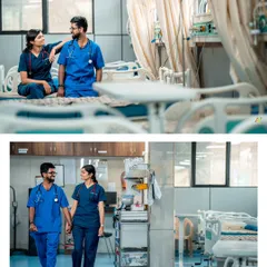 Candid moments from the doctor couple's themed shoot. Walking hand in hand through the hospital ward, these photos capture their partnership in a setting that is deeply meaningful to them.