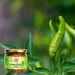 Our Green Chilli Pickle, made from fresh and crisp green chillies. It’s the perfect way to add some heat to your daily meals.