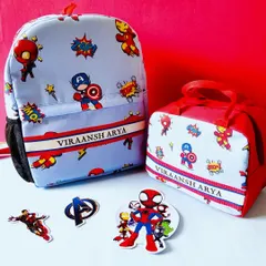 A super cute personalised school backpack and lunch bag set. This one features an Avengers theme with the name 'Viraansh Arya' printed on it, perfect for your little hero.