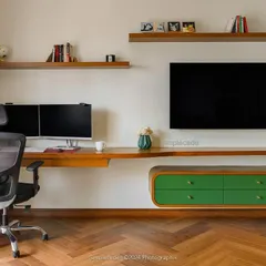 After: We transformed the master bedroom into an earthy retreat with a stunning green and rattan wardrobe, a custom study-cum-TV unit, and a cohesive design that feels grounded and serene.