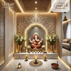 A beautifully crafted pooja room we designed, featuring intricate CNC work, an illuminated 'Om,' and a serene Ganesha statue. A perfect space for peace and reflection.