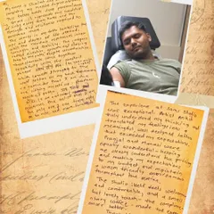 A collage of Shailesh's journey, including his handwritten note explaining the deep personal meaning behind his tattoo representing his master's degree journey abroad.