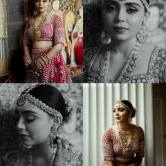A collage of bridal portraits showcasing the bride's stunning look. The mix of color and black and white, along with close-ups and full-length shots, provides a complete view of her wedding day attire.