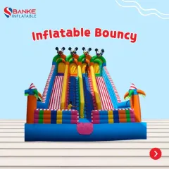 This graphic shows a 4-lane inflatable slide design. It's tall and steep for an exciting ride, but with high side walls for safety.