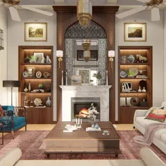 The symmetrical design of the main wall, with the fireplace at its center flanked by illuminated bookshelves and arched doorways, creates a sense of classical balance and order.