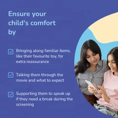 To ensure your child's comfort at our movie screenings, we encourage bringing familiar items, talking through the movie beforehand, and supporting them to take a break if needed. It's all about creating a feeling of safety.